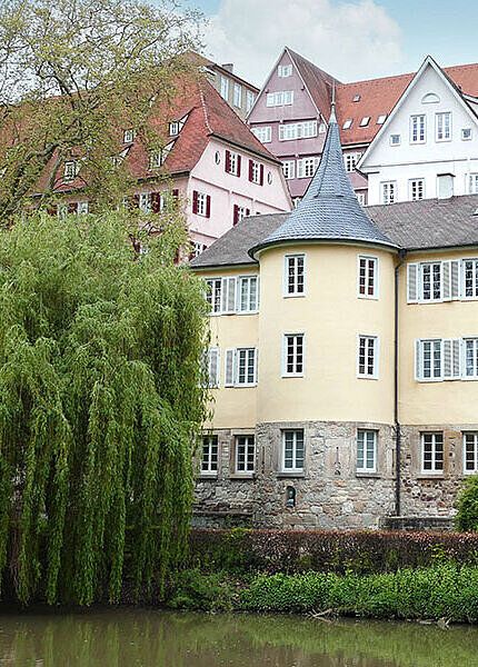Hölderlinturm am Neckar-Ufer. Davor steht eine große Trauerweide, deren Äste bis zum Wasser runterhängen.