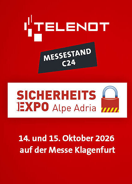 Logos von TELENOT und SicherheitsExpo Alpe Adria, Messestand C24, 14. und 15. Oktober 2026 auf der Messe Klagenfurt.